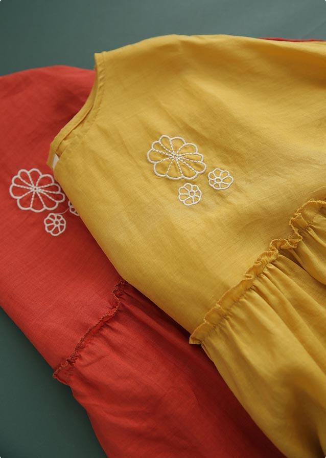 Organic Yellow Embroideried Cinched Cotton Shirt Summer