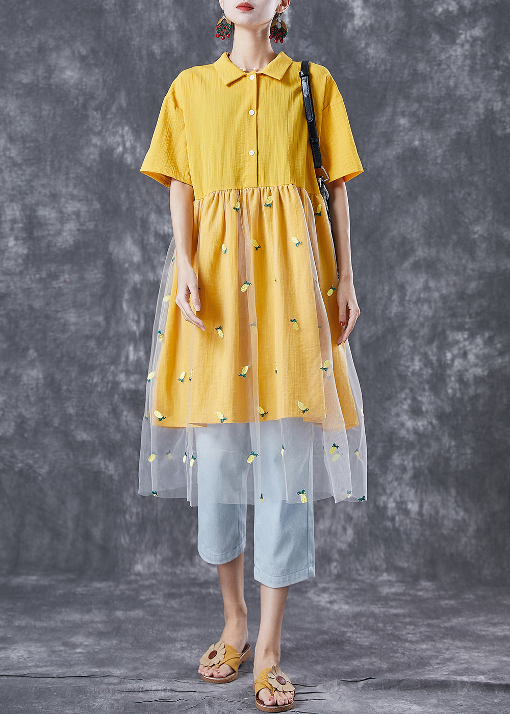 Organic Yellow Embroideried Patchwork Tulle Cotton Dress Summer