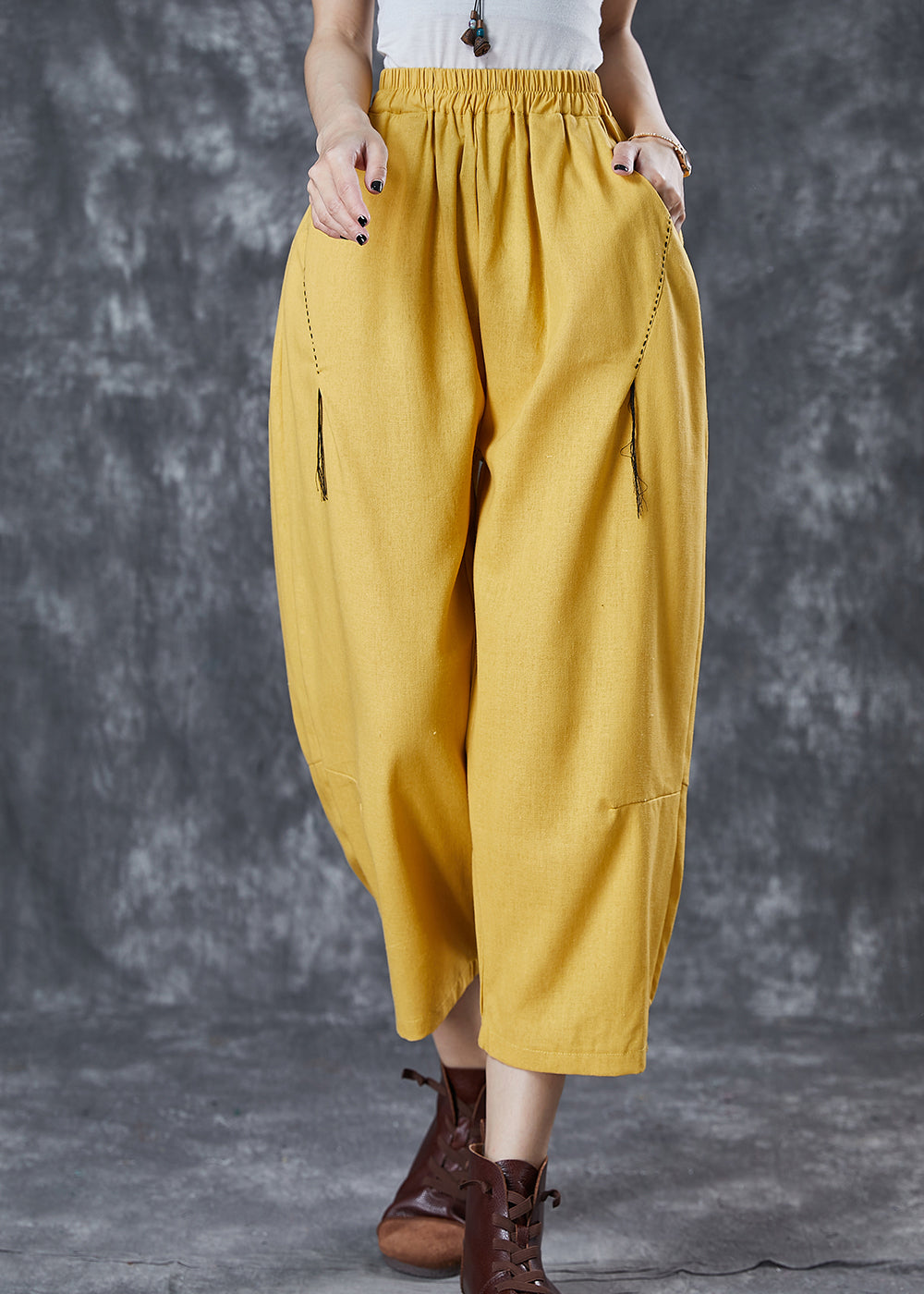 Organic Yellow Oversized Pockets Linen Pants Summer