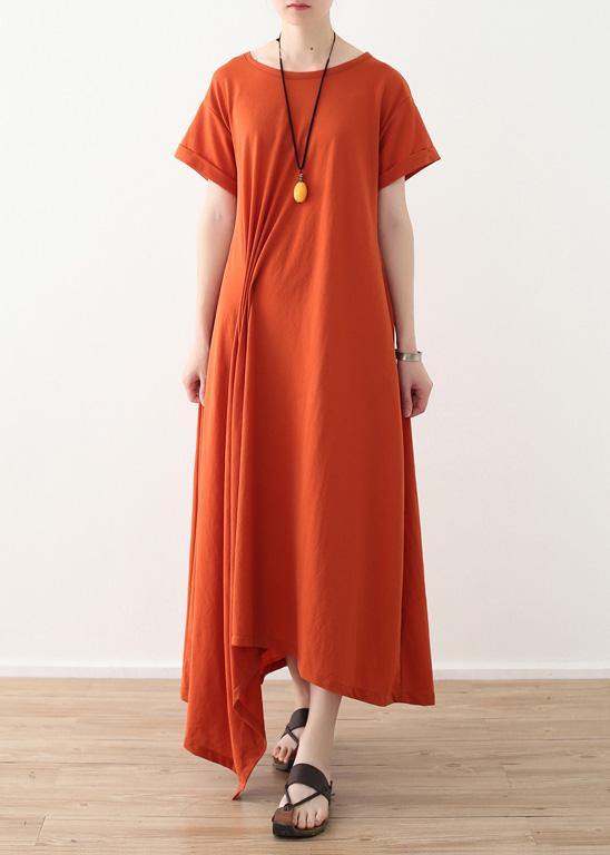 Organic asymmetric design hem linen clothes short sleeve long orange Dresses