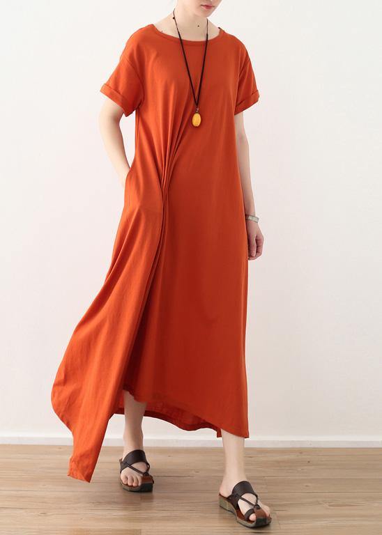 Organic asymmetric design hem linen clothes short sleeve long orange Dresses