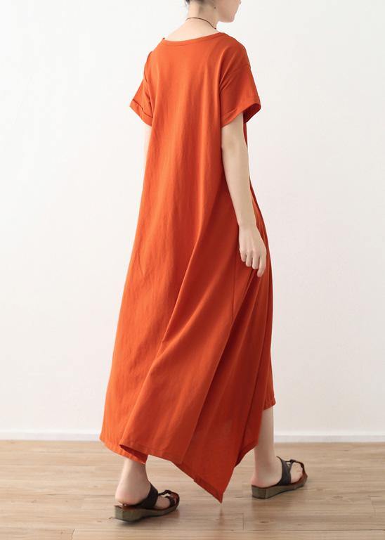 Organic asymmetric design hem linen clothes short sleeve long orange Dresses