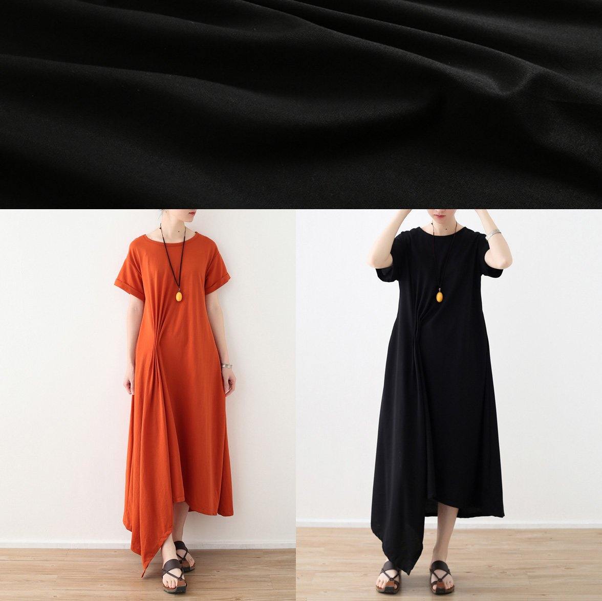 Organic asymmetric design hem linen clothes short sleeve long orange Dresses