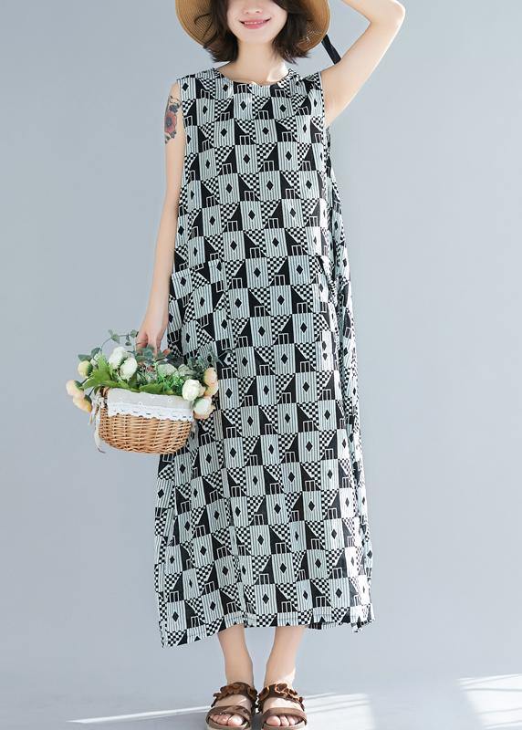 Organic black Geometric cotton o neck sleeveless long summer Dresses