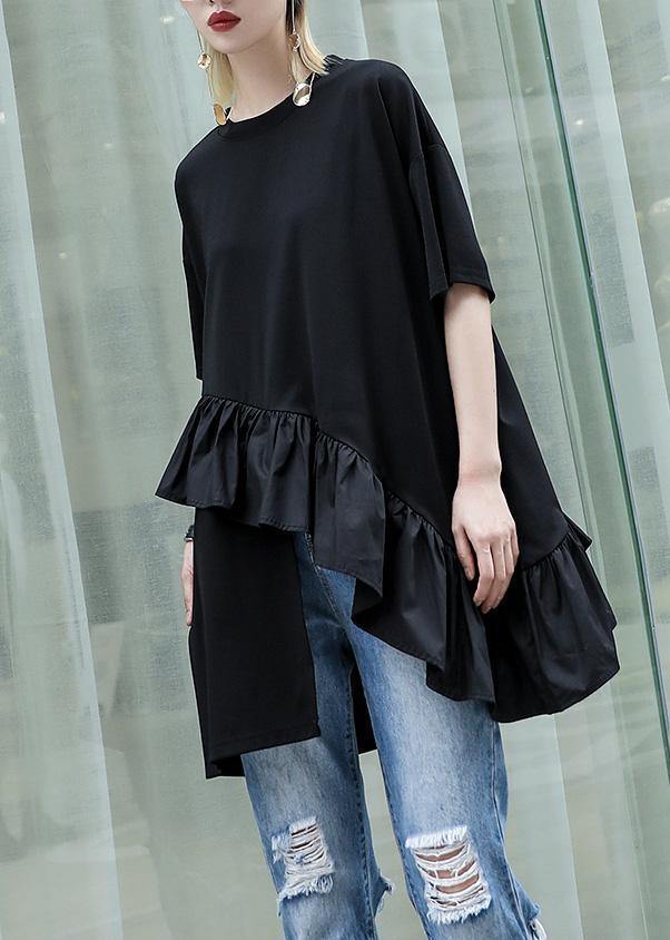 Organic black cotton Blouse rrffles hem oversized summer tops