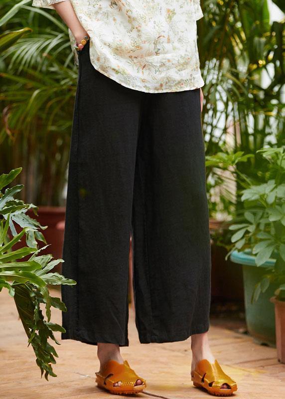 Organic black linen clothes For Women pockets long elastic waist wide leg pants