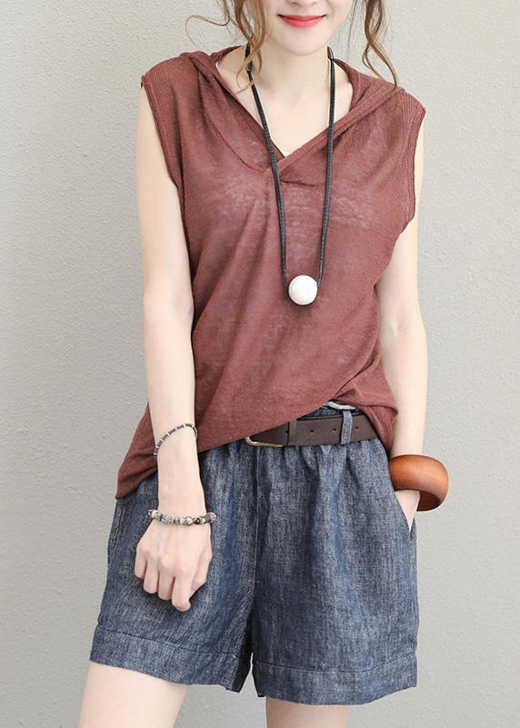 Organic brown cotton clothes For Women sleeveless short hooded blouse