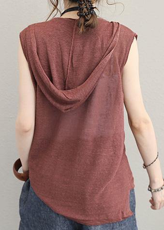 Organic brown cotton clothes For Women sleeveless short hooded blouse