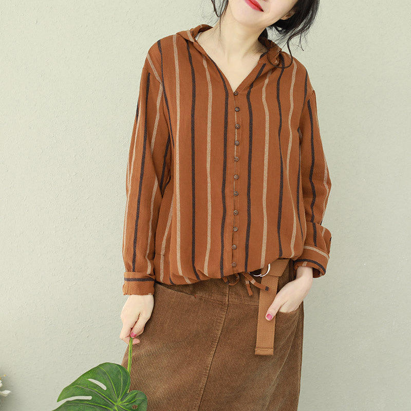 Organic hooded cotton tunic Organic Outfits brown striped Art blouse