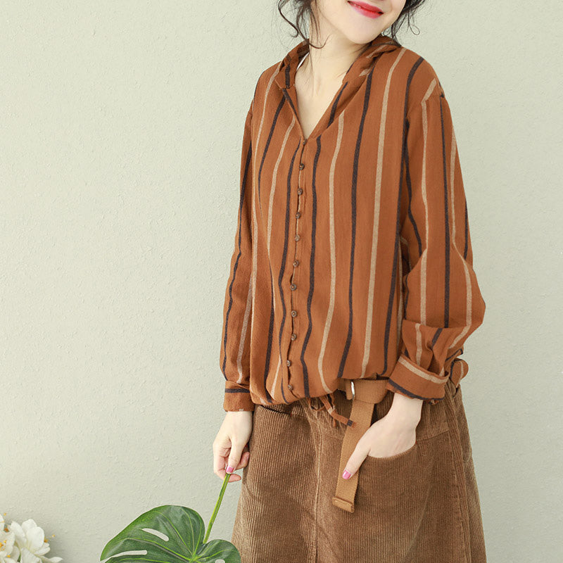 Organic hooded cotton tunic Organic Outfits brown striped Art blouse