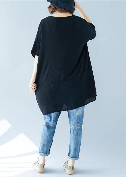 Organic o neck asymmetric linen summer Tunic Shirts black Dress