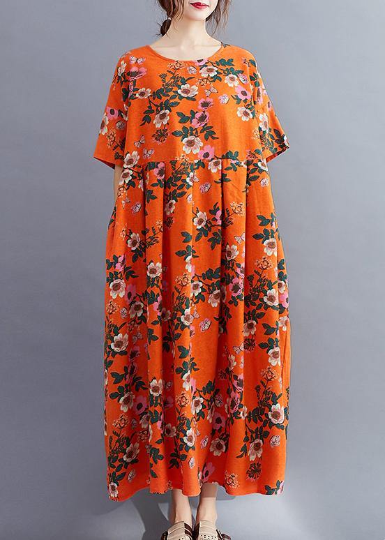 Organic o neck Cinched summer quilting clothes Catwalk orange floral Traveling Dress