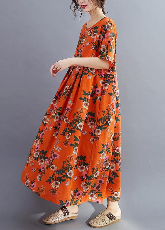 Organic o neck Cinched summer quilting clothes Catwalk orange floral Traveling Dress