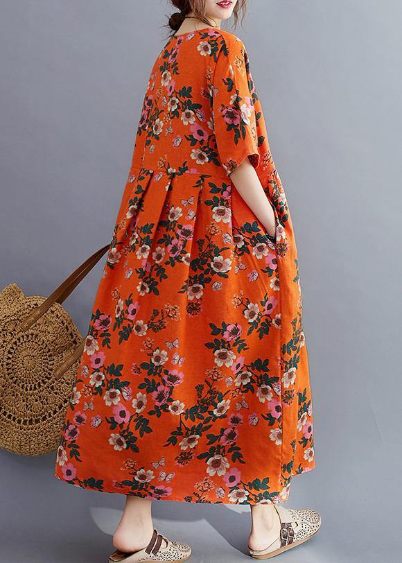 Organic o neck Cinched summer quilting clothes Catwalk orange floral Traveling Dress