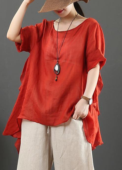 Organic pink linen clothes For Women o neck half sleeve silhouette shirt