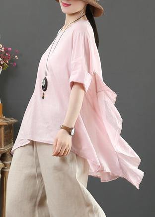 Organic pink linen clothes For Women o neck half sleeve silhouette shirt