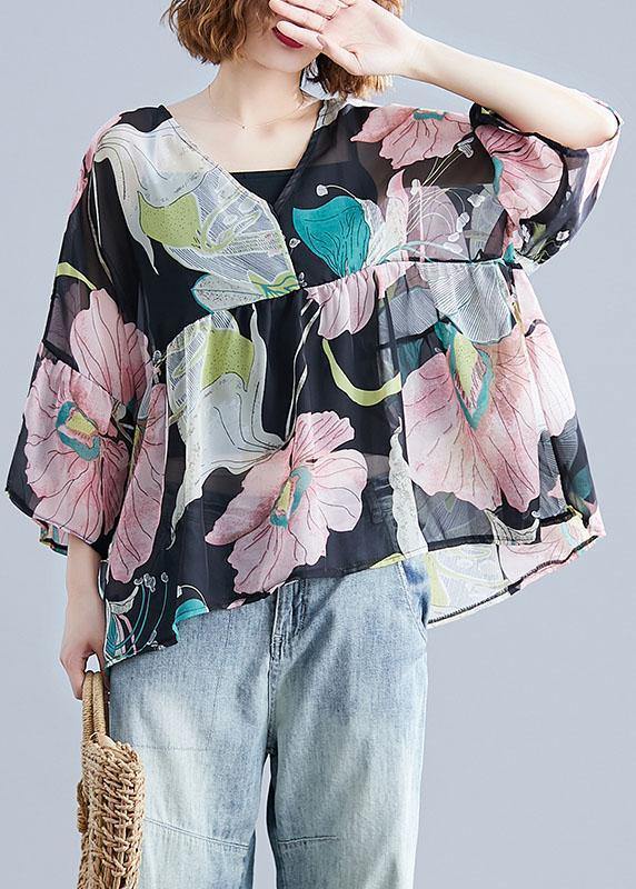 Organic print tops women o neck Petal Sleeve tunic blouse