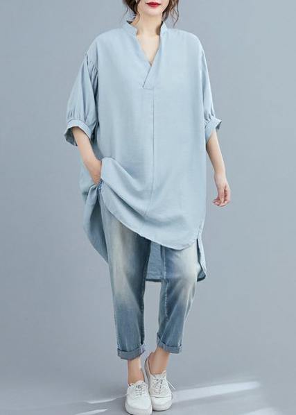 Organic v neck lantern sleeve summer blouses for women Sleeve light blue shirt