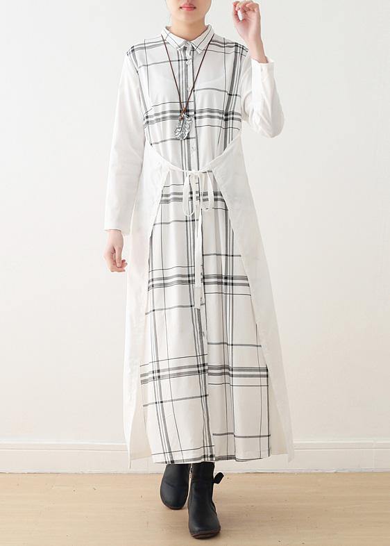 Organic white plaid cotton Long Shirts drawstring Art summer Dresses