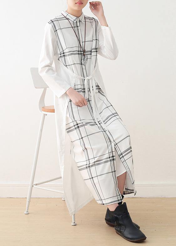 Organic white plaid cotton Long Shirts drawstring Art summer Dresses