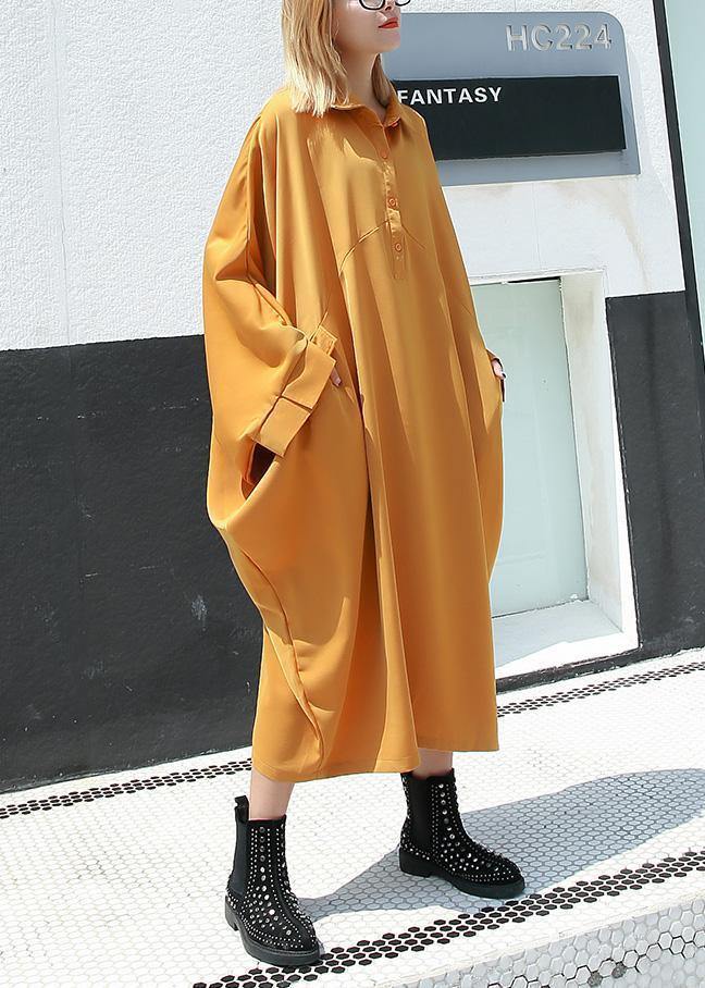 Organic yellow cotton dresses batwing sleeve cotton robes summer Dress