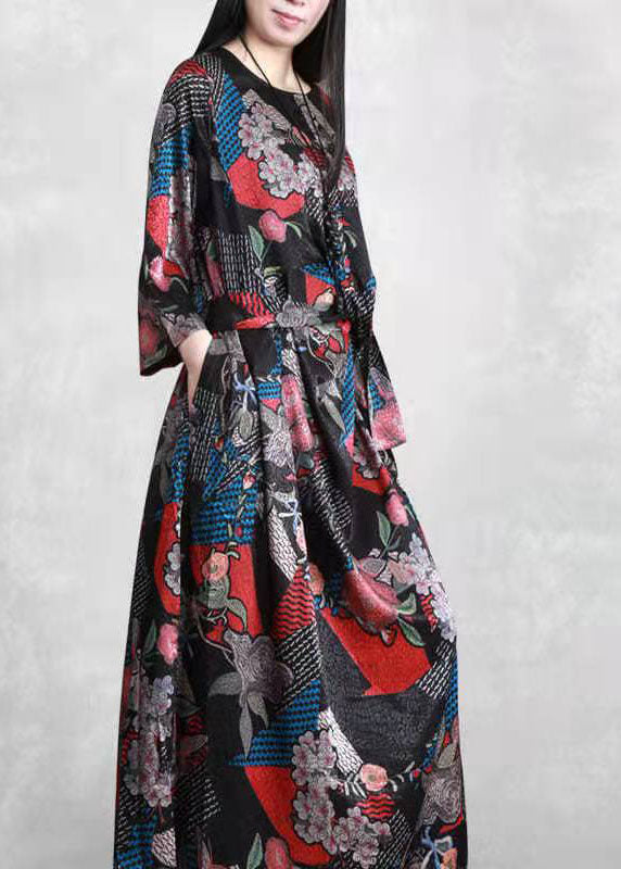 Organic Black Print Robe Silk Dresses Patchwork