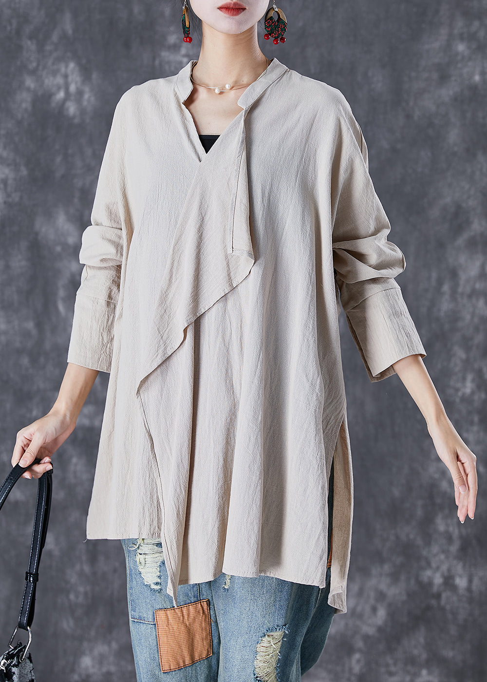 Original Asymmetrical Side Open Linen Shirt Tops Fall