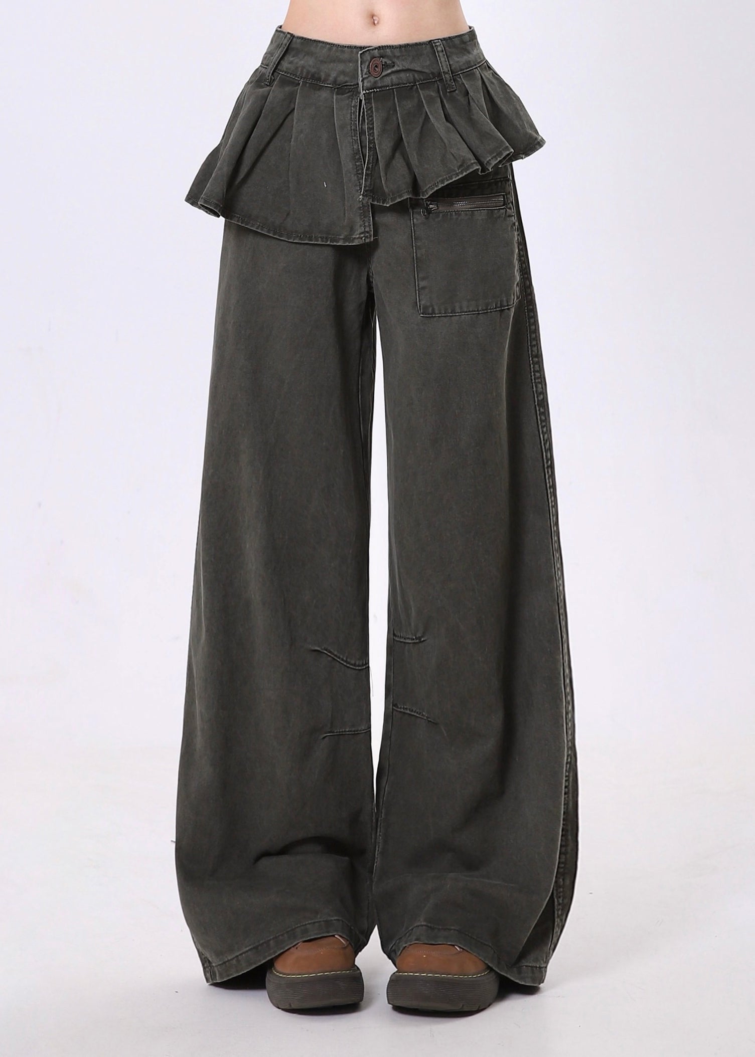 Original Design Asymmetrical Wrinkled Patchwork Denim Wide Leg Pants Spring