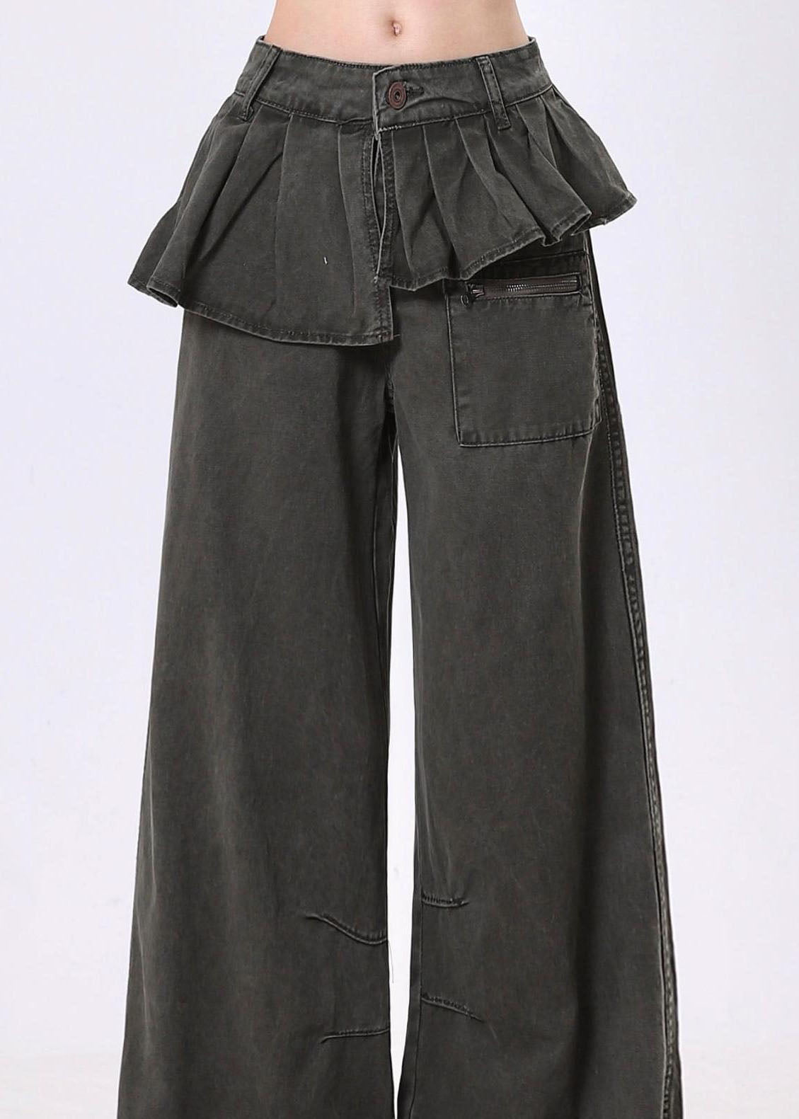 Original Design Asymmetrical Wrinkled Patchwork Denim Wide Leg Pants Spring