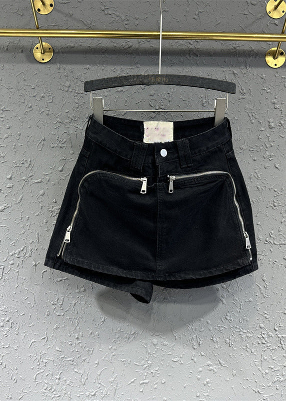 Original Design Black Zip Up Pockets Patchwork Denim Shorts Summer