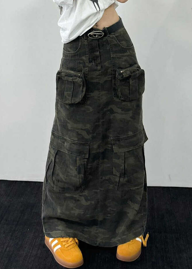 Original Design Camouflage Pockets Denim Maxi Skirts Spring