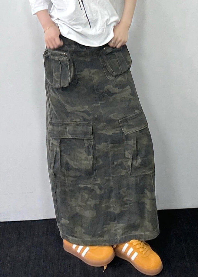 Original Design Camouflage Pockets Denim Maxi Skirts Spring