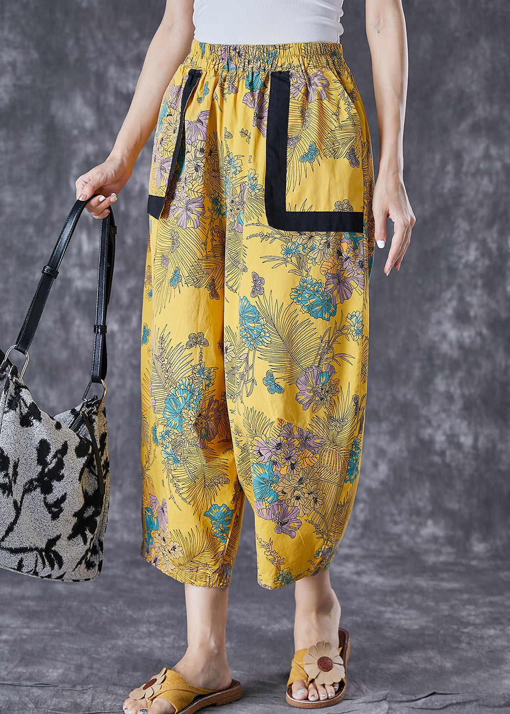 Original Design Yellow Oversized Print Cotton Pants Summer