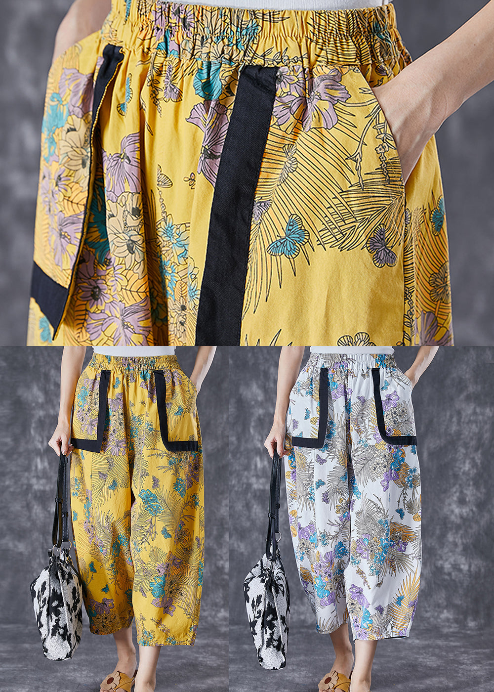 Original Design Yellow Oversized Print Cotton Pants Summer