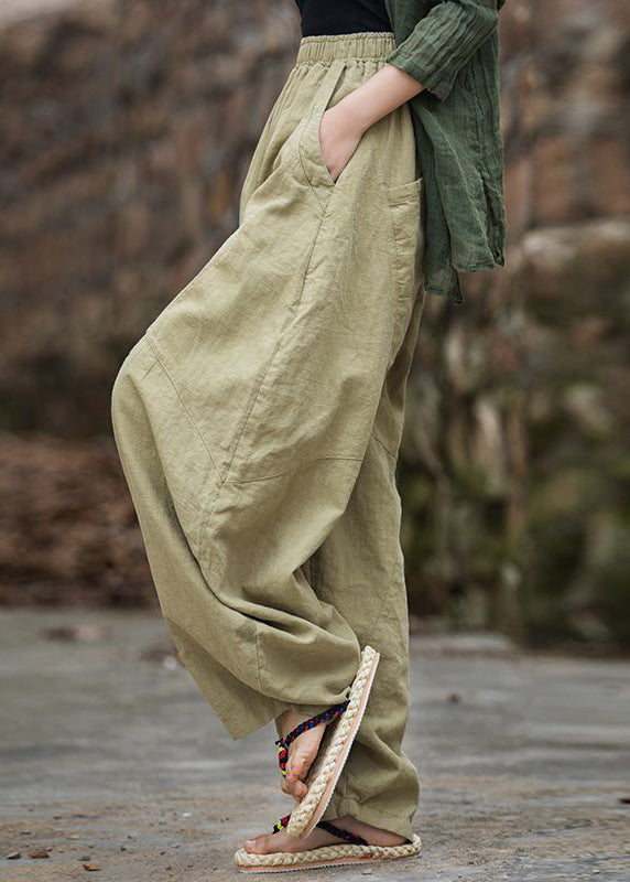 Grace Green Pockets Elastic Waist Patchwork Linen Pants Summer