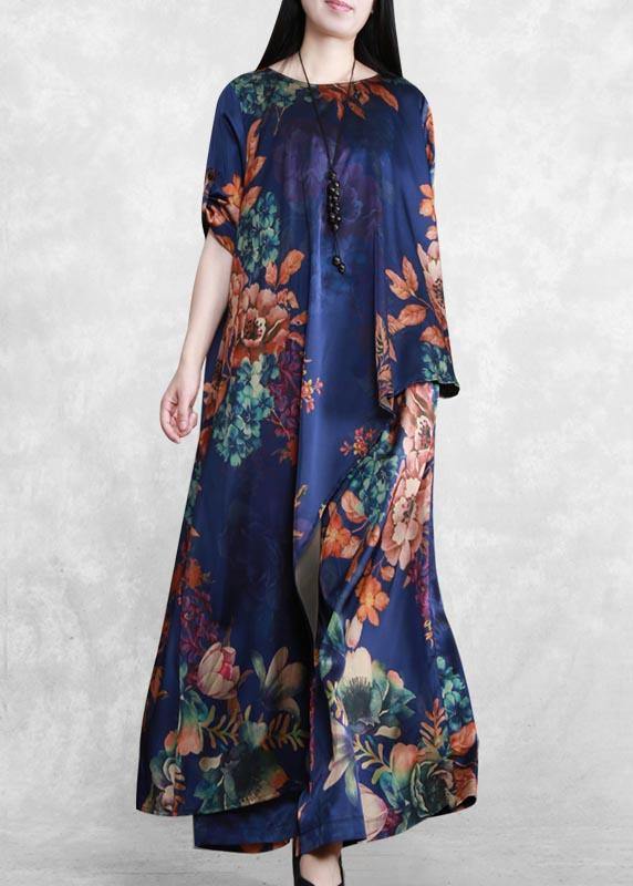 Original Literature And Art Blue Printing Large Mulberry Silk Suit Irregular Medium Long Casual Silk Two Piece Set