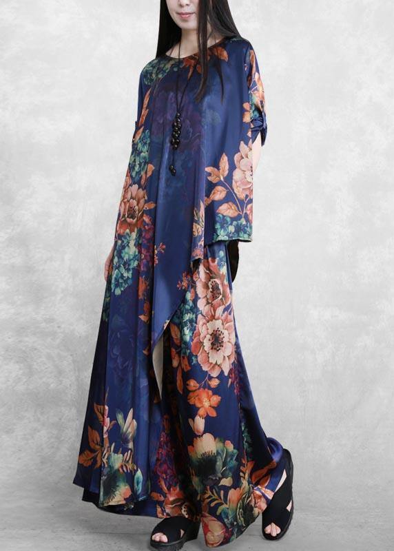 Original Literature And Art Blue Printing Large Mulberry Silk Suit Irregular Medium Long Casual Silk Two Piece Set