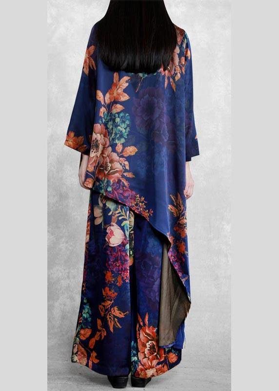 Original Literature And Art Blue Printing Large Mulberry Silk Suit Irregular Medium Long Casual Silk Two Piece Set