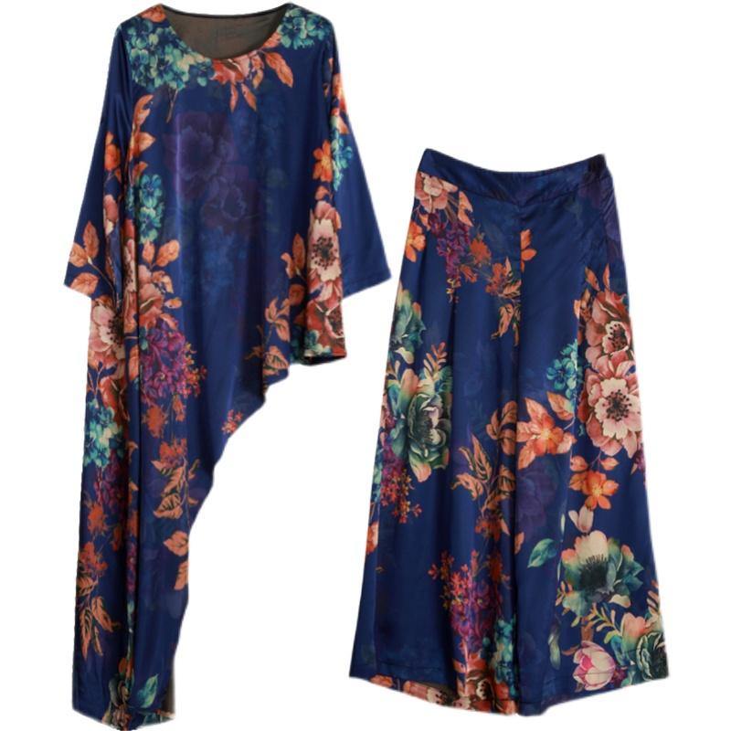 Original Literature And Art Blue Printing Large Mulberry Silk Suit Irregular Medium Long Casual Silk Two Piece Set