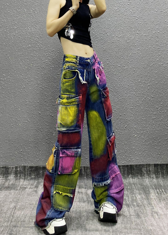 Original Tie Dye Tassel Pockets Patchwork Denim Wide Leg Pants Spring