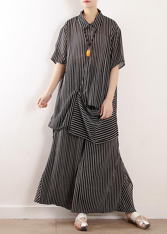 Original literary loose large size gray stripes were thin and irregular chiffon wide-leg pants two-piece suit