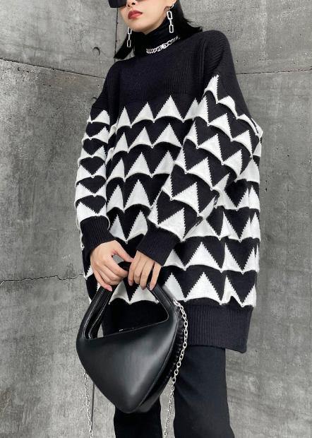 Oversized black Geometric knit top silhouette o neck plus size sweaters