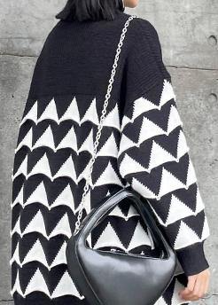 Oversized black Geometric knit top silhouette o neck plus size sweaters