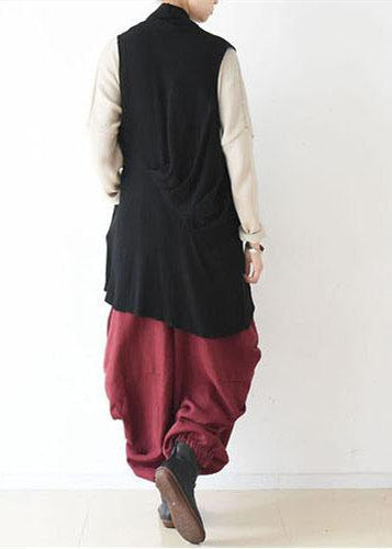 Oversized black linen vests loose linen cardigan sleeveless coats