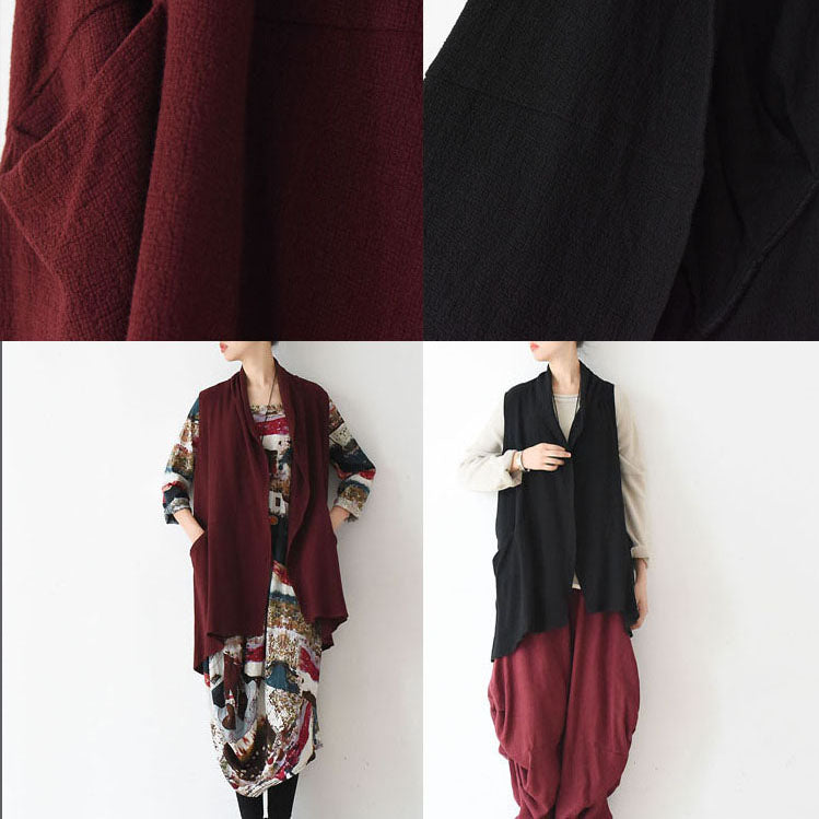 Oversized black linen vests loose linen cardigan sleeveless coats