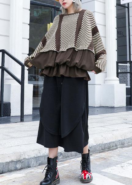 Oversized chocolate striped box top plus size clothing o neck ruffles patchwork knit sweat tops