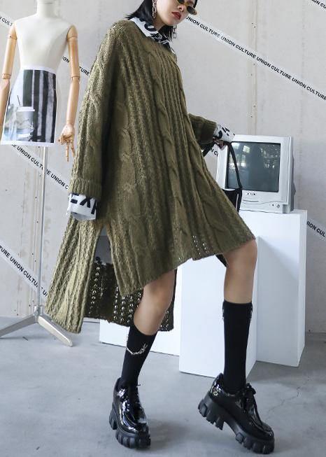 Oversized green Sweater dress Street Style o neck low high design Art knit dresses