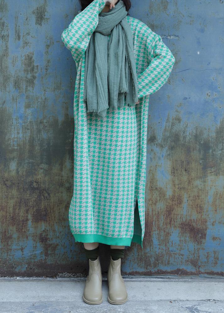 Oversized side open Sweater o neck Wardrobes Largo green plaid baggy knit dresses