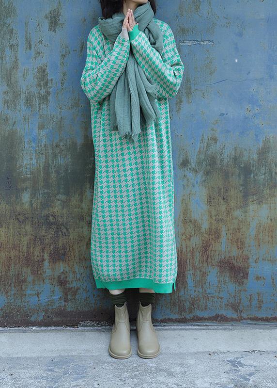 Oversized side open Sweater o neck Wardrobes Largo green plaid baggy knit dresses