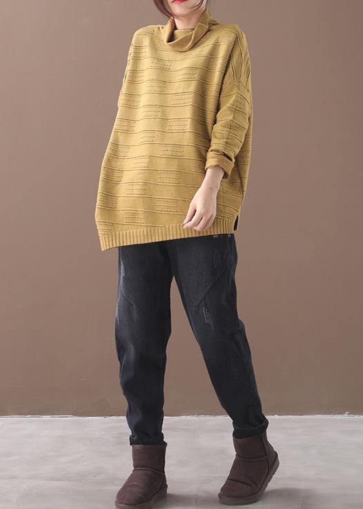 Oversized yellow knitted blouse casual high neck thick sweater tops